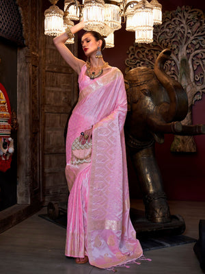 Rajwada Pink Satin Woven Saree With Unstitched Blouse For Women