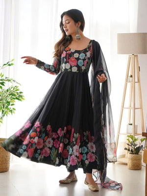 Rajwada Black Georgette Printed Stitched Kurta Set For Women