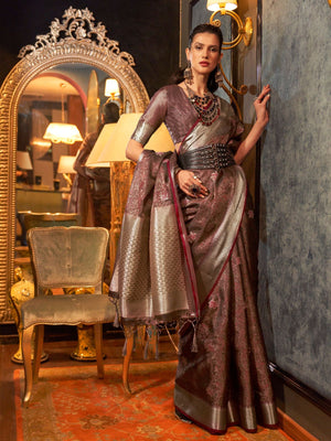 Rajwada Maroon Organza Woven Saree With Unstitched Blouse For Women