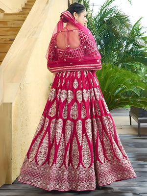 Rajwada Cherry Red Georgette Embroidered Semi-Stitched Lehenga For Women