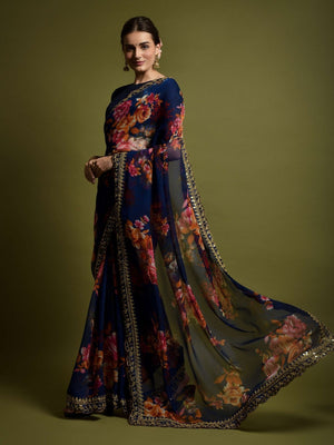 Rajwada Blue Georgette Embroidered Printed Saree For Women