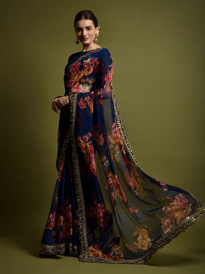 Rajwada Blue Georgette Embroidered Printed Saree For Women