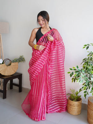 Rajwada Pink Organza Lace Work Saree With Unstitched Blouse For Women