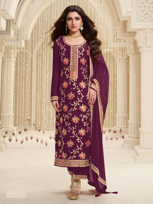 Rajwada Wine Viscose Embroidered Semi-Stitched Kurta Set For Women