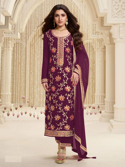 Rajwada Wine Viscose Embroidered Semi-Stitched Kurta Set For Women