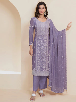 Rajwada Purple Chinon Embroidered Semi-Stitched Kurta Set For Women