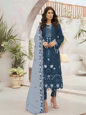 Rajwada Blue Georgette Embroidered Semi-Stitched Kurta Set For Women