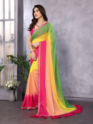 Rajwada Multicolor Georgette Lace Work Saree With Unstitched Blouse For Women