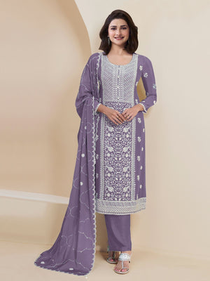 Rajwada Purple Georgette Embroidered Semi-Stitched Kurta Set For Women