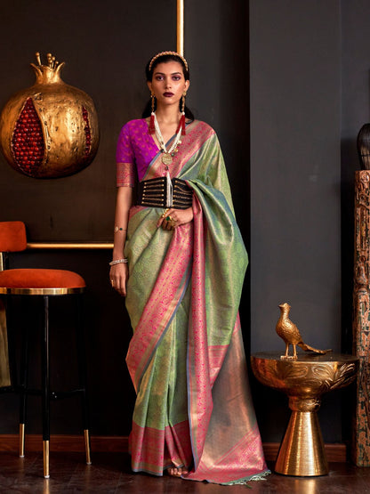 Rajwada Green Silk Blend Woven Saree With Unstitched Blouse For Women