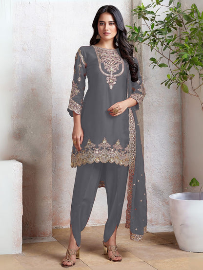 Rajwada Grey Georgette Embroidered & Cutwork Semi-Sitched Kurta Set For Women