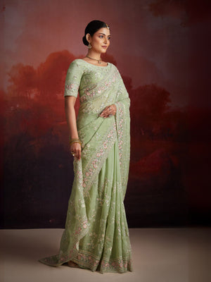 Rajwada Green Organza Embroidered Saree For Women