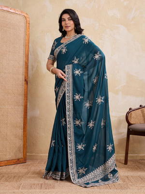 Rajwada Teal Georgette Printed Saree For Women
