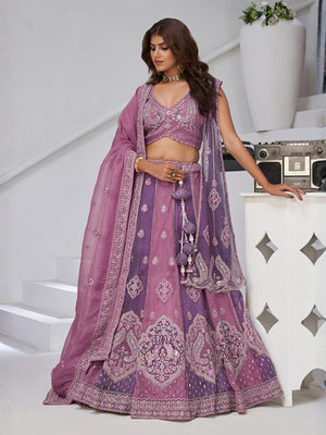 Rajwada Purple Georgette Tissue Embroidered Semi-Stitched Lehenga For Women