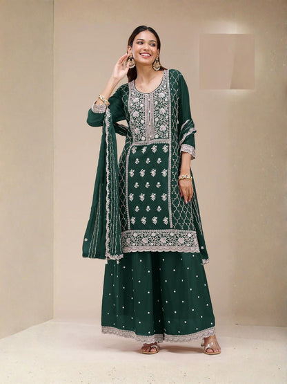 Rajwada Dark Green Georgette Embroidered Semi Stitched Kurta Set For Women