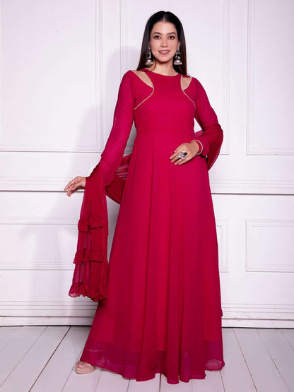 Rajwada Red Georgette Beads Stitched Gown For women