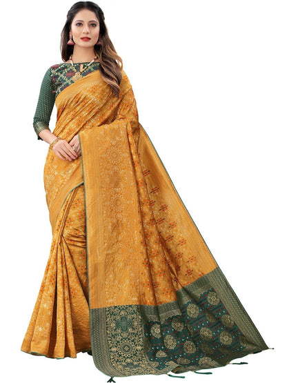 Rajwada Mustard Silk Blend Embellished Saree For Women