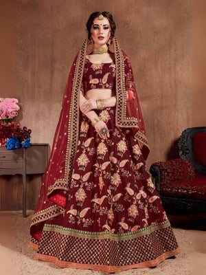 Rajwada Maroon Silk Blend Embroidered Semi-Stitched lehenga For Women