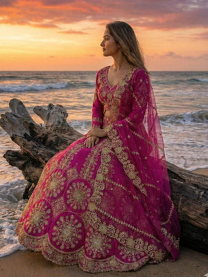 Rajwada Magenta Georgette Embellished Semi Stitched Lehenga For Women