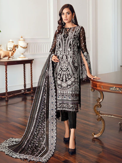 Rajwada Black Georgette White Embroidered Semi-Stitched Kurta Set For Women