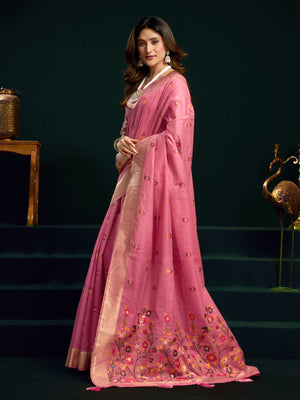 Rajwada Pink Cotton Blend Printed Saree For Women