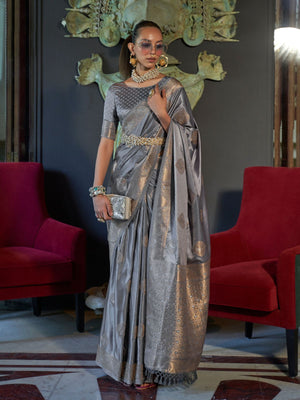 Rajwada Grey Silk Blend Woven Saree With Unstitched Blouse for Women