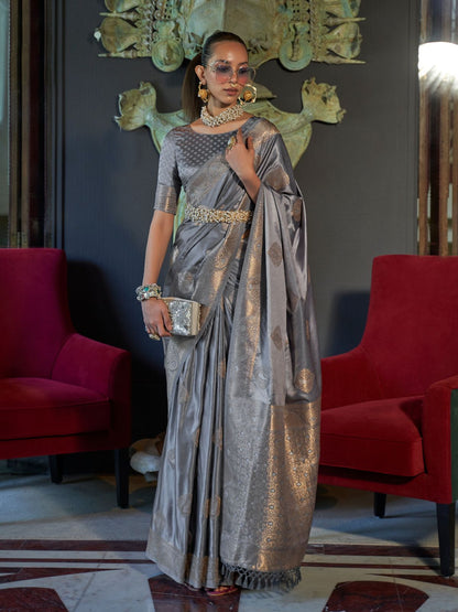 Rajwada Grey Silk Blend Woven Saree With Unstitched Blouse for Women