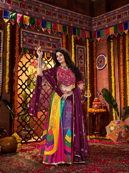 Rajwada Multicolor Silk Blend Printed Semi-Stitched Lehenga For Women