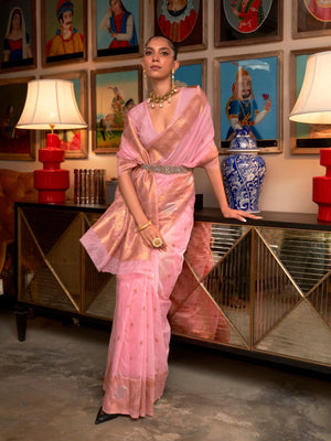 Rajwada Pink Silk Blend Woven Saree With Unstitched Blouse for Women