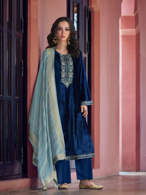 Rajwada Dark Blue Velvet Embroidery Semi-Stitched Kurta Set For Women