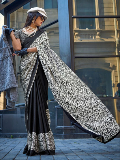 Rajwada Black Satin Printed Saree With Unstitched Blouse For Women