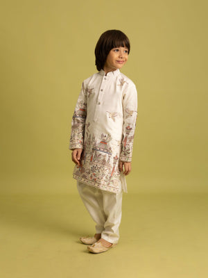 Rajwada White Viscose Silk Embroidered Kurta Set For Kids