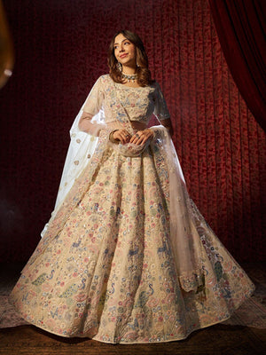 Rajwada Cream Georgette Embroidered Semi-Stitched Lehenga For Women