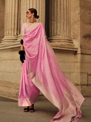 Rajwada Pink Silk Blend Woven Saree With Unstitched Blouse For Women