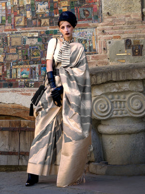 Rajwada Grey Silk Blend Woven Saree With Unstitched Blouse For Women