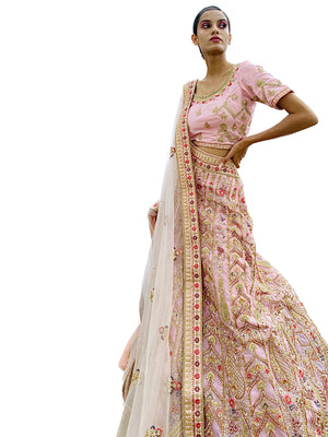 Rajwada Women Pink Embroidered Georgette Semi Stitched Lehenga With Unstitched Blouse