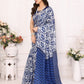 Rajwada Blue Khadi Printed Saree With Unstitched Blouse For Women