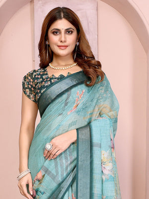 Rajwada Green Cotton Linen Printed Saree For Women