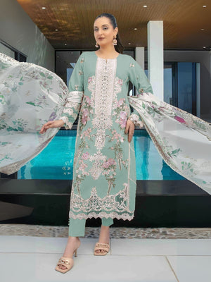 Rajwada Turquoise Green Cotton Blend Embroidered Semi Stitched Kurta Set For Women