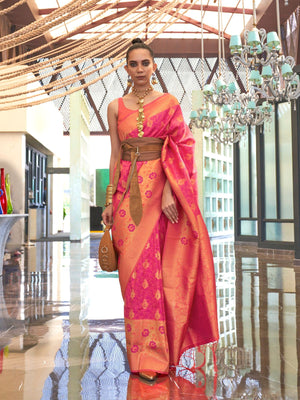 Rajwada Pink Silk Blend Woven Saree With Unstitched Blouse for Women