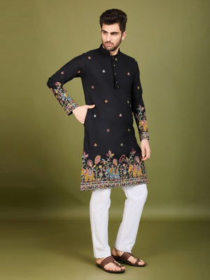Rajwada Black Cotton Embroidered Stitched Kurta For Men