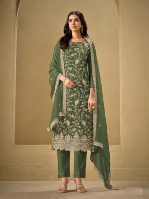 Rajwada Green Chinon Embroidered Semi-Stitched Kurta Set For Women