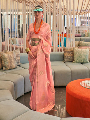 Rajwada Pink Silk Blend Woven Saree With Unstitched Blouse for Women