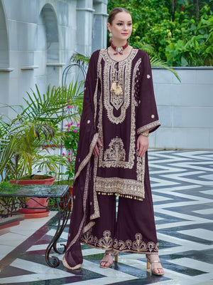 Rajwada Wine Chinon Embroidered Semi-Stitched Kurta Set For Women