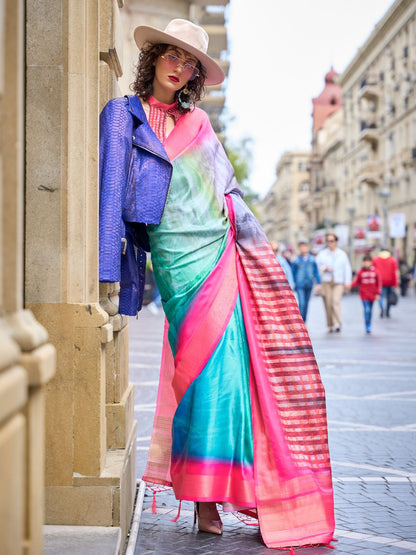 Rajwada Multicolor Silk Blend Printed Saree With Unstitched Blouse For Women