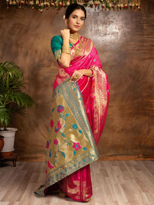 Rajwada Pink Silk Blend Woven Pithani Saree For Women
