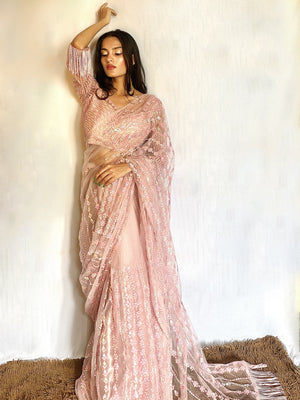 Rajwada - Designer Pink Sequins Saree with Unstitched Blouse