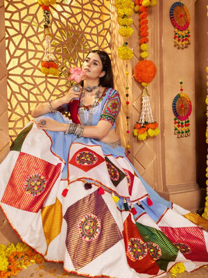 Rajwada Multicolor Viscose Cotton Embroidered Semi-Stitched lehenga With Patch Work And Stunning Tassels For Women