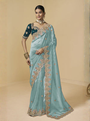 Rajwada Blue Tissue Embellished Saree For Women
