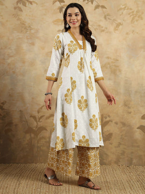 Rajwada Off White Cotton Blend Printed Stitched Kurta Set For Women
